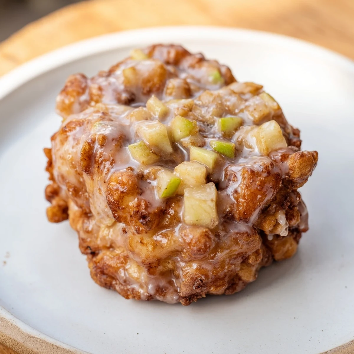 Golden-brown homemade apple fritters, perfectly crisp and glazed, ready to enjoy with a warm drink.