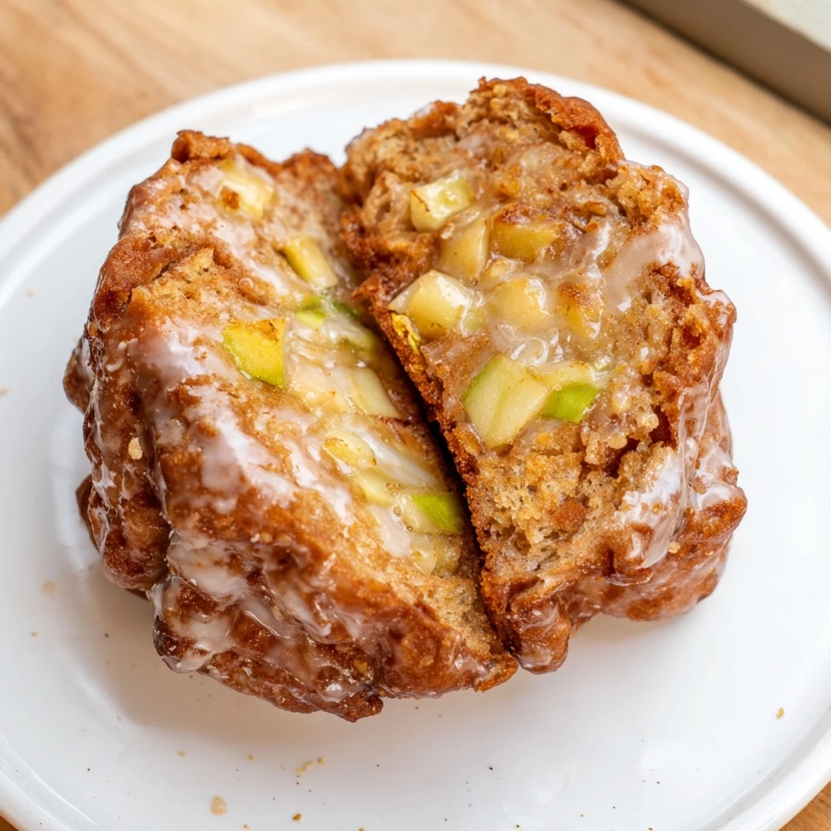 A close-up of fluffy, warm homemade apple fritters, with visible apple pieces and a sweet, shiny glaze.