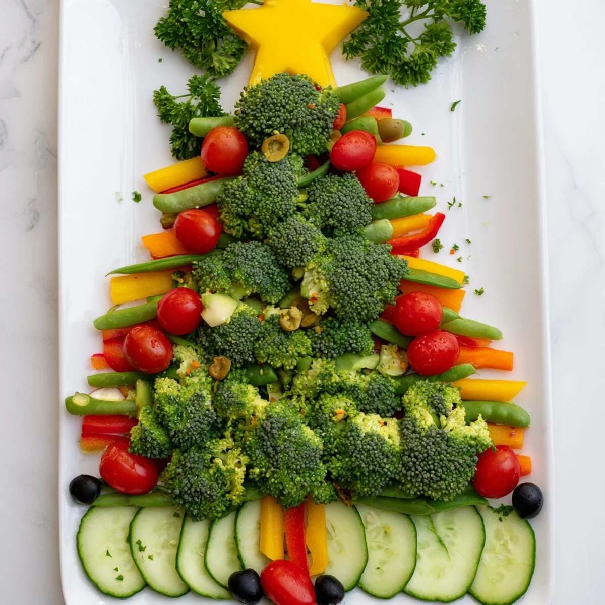 Crisp cucumber and tomato surround this Healthy Christmas Veggie Platter Tree, perfect for your holiday appetizer table.