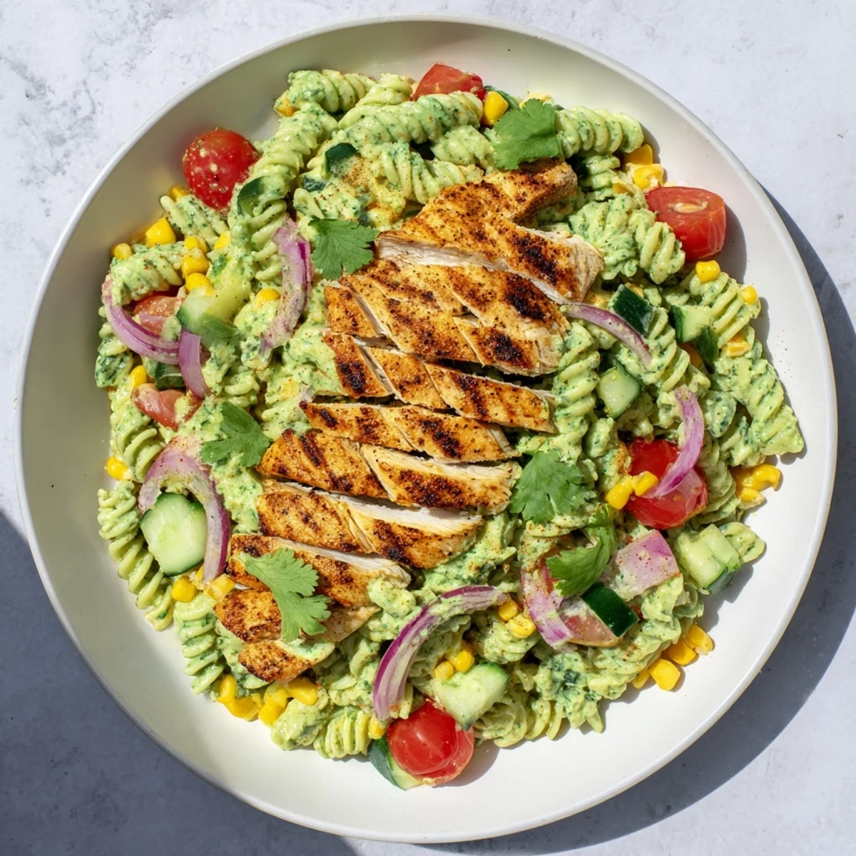 Tender chicken and creamy ají verde coat the Italian pasta in this flavorful Peruvian salad.