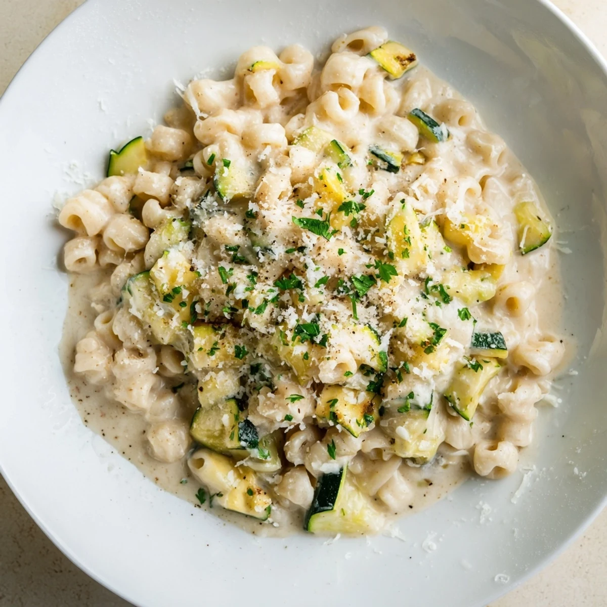 This photo features a steaming bowl of one-pot creamy zucchini ditalini, perfect for a quick, comforting dinner.