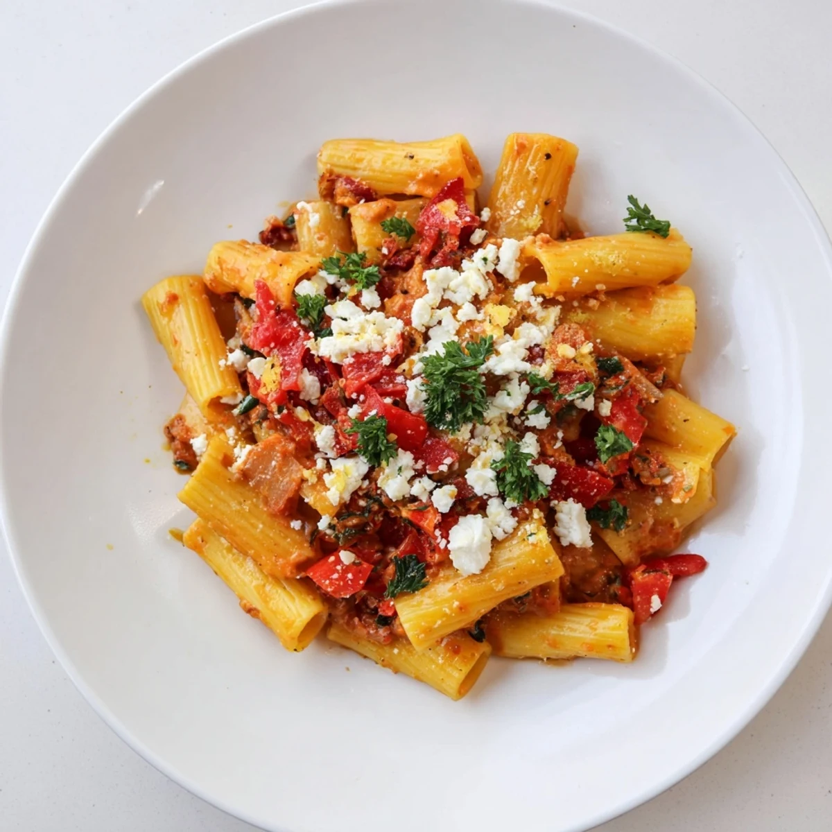 Mediterranean Baked Garlic & Herb Pasta, bubbling hot with melted feta and fresh herbs, ready to serve.