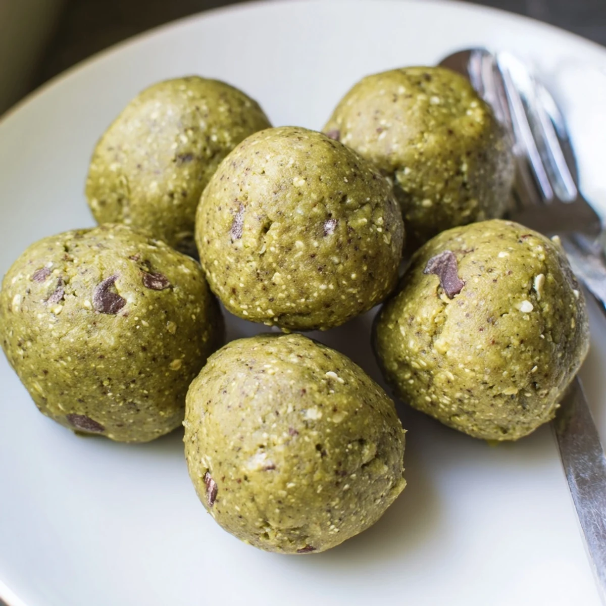 Close-up of freshly made Matcha Gingerbread Cookie Dough Protein Bites, suggesting a delightful, energy-boosting treat.
