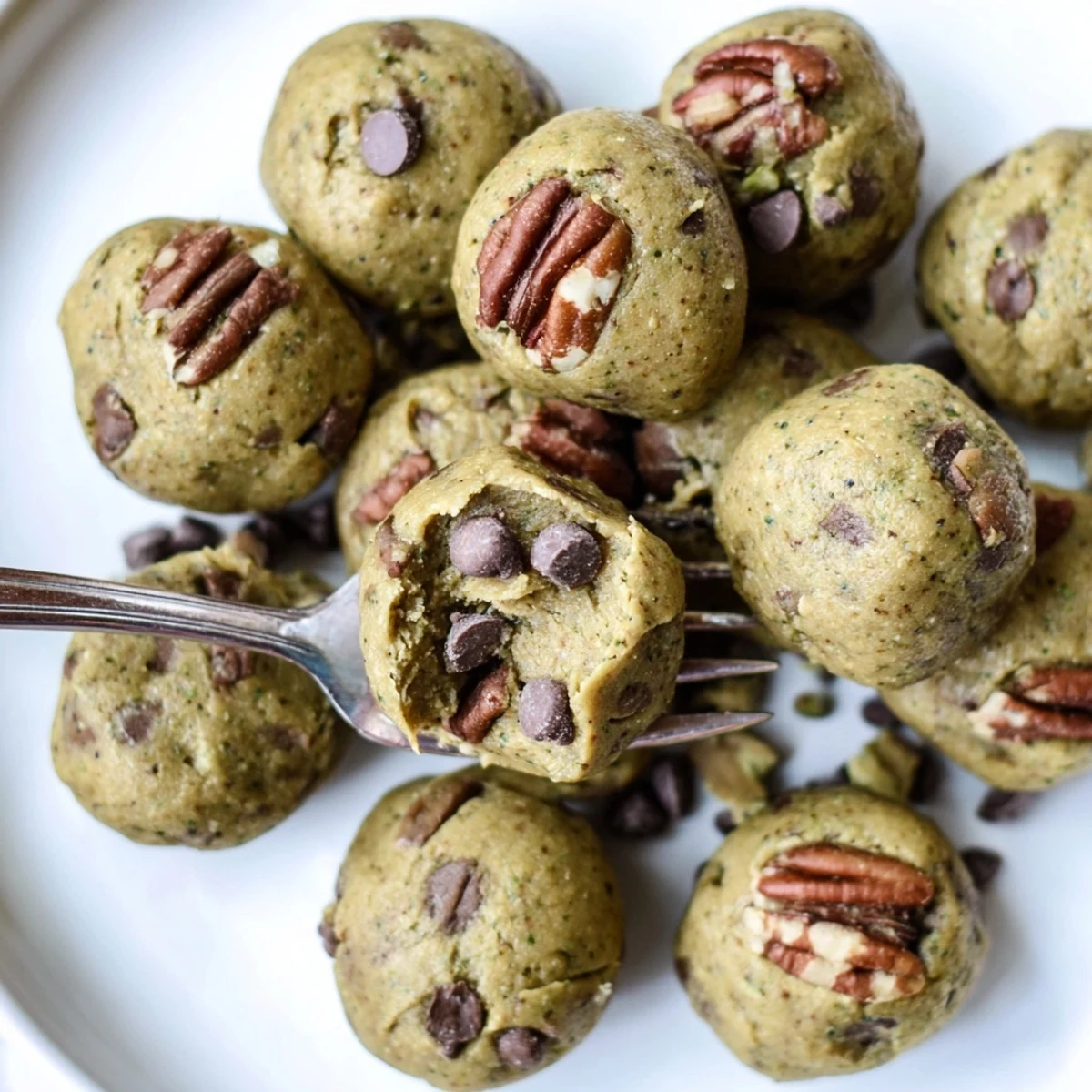 Vibrant image of Matcha Gingerbread Cookie Dough Protein Bites, studded with chocolate chips, delicious and healthy.