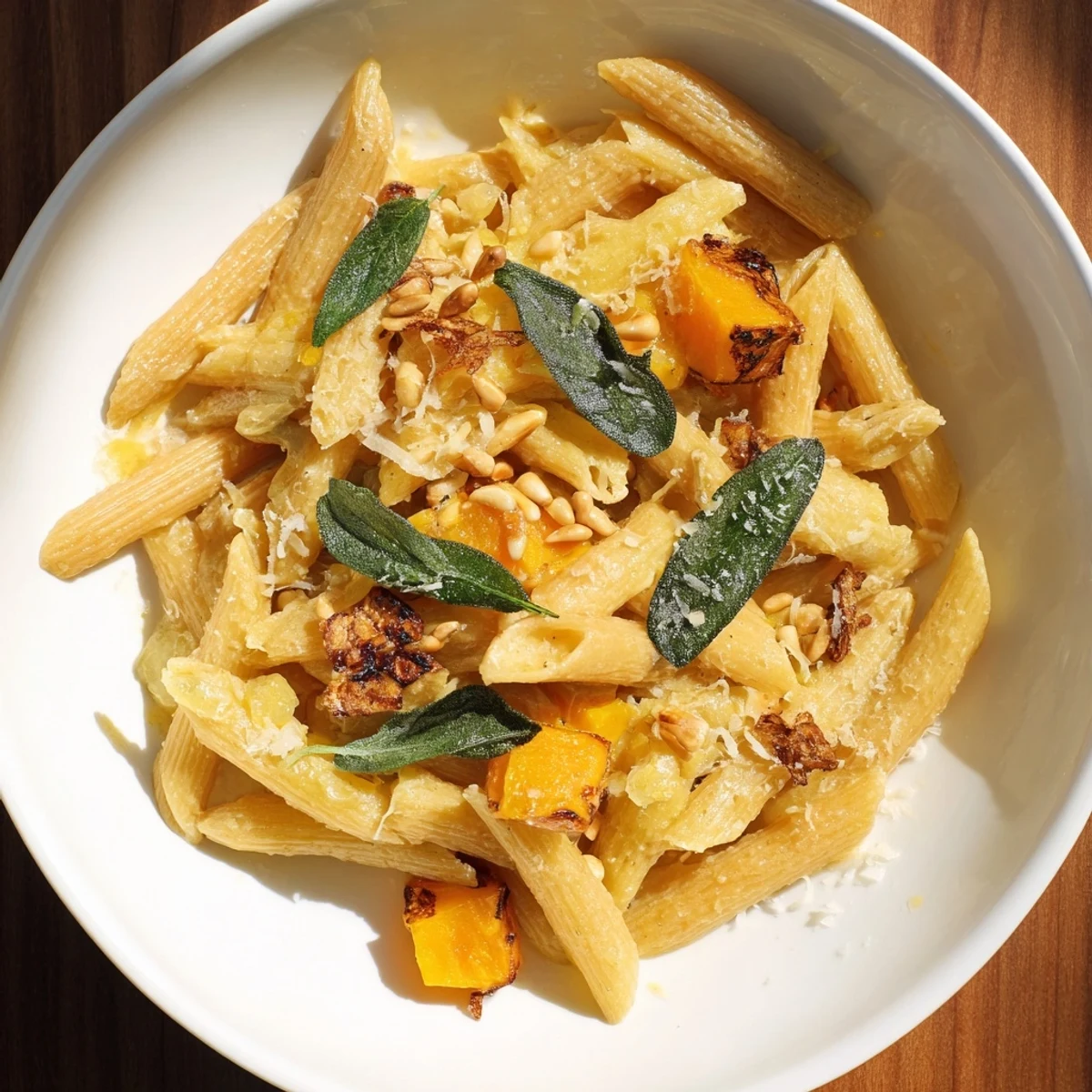 Golden brown Butternut Squash & Sage Brown Butter Pasta, ready to serve with Parmesan and fresh sage garnish.