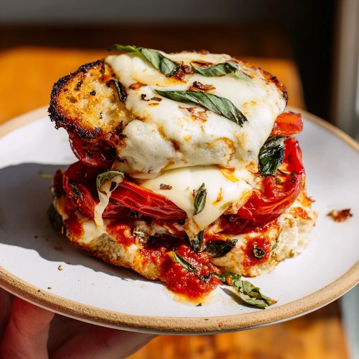 Crisp, toasted bread meets melty cheese in this Air Fryer Pizza Margherita Grilled Cheese, garnished with fresh basil.