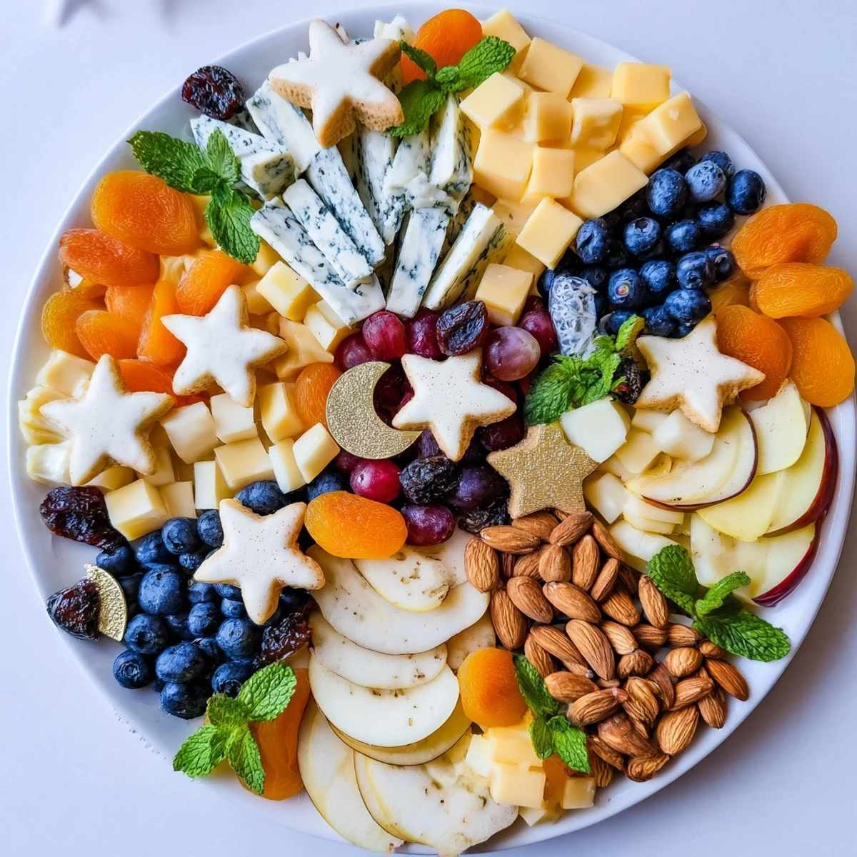 Moon & Stars Night Board: A delightful cheese and fruit grazing board shaped like crescent moons and twinkling stars.