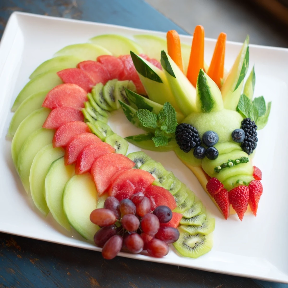 A colorful dragon-shaped fruit tray, bursting with fresh melon and berries, is perfect for parties.