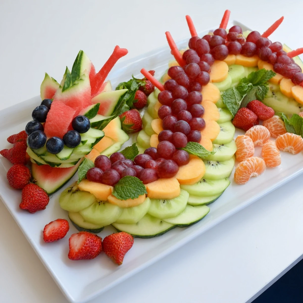 Vibrant dragon fruit tray featuring juicy watermelon scales and sweet grapes ready to enjoy during a party!