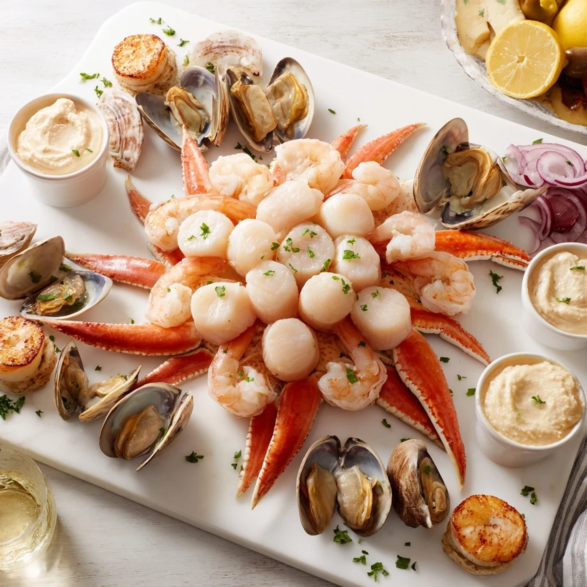 Vibrant Starfish & Shell Appetizer Board, showcasing a seafood medley with chilled shrimp, scallops, and flavorful dips.