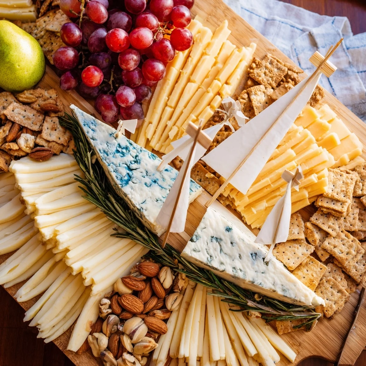 A gorgeous sailboat cheese platter, with varied cheeses, fruits, and crackers perfect for entertaining.