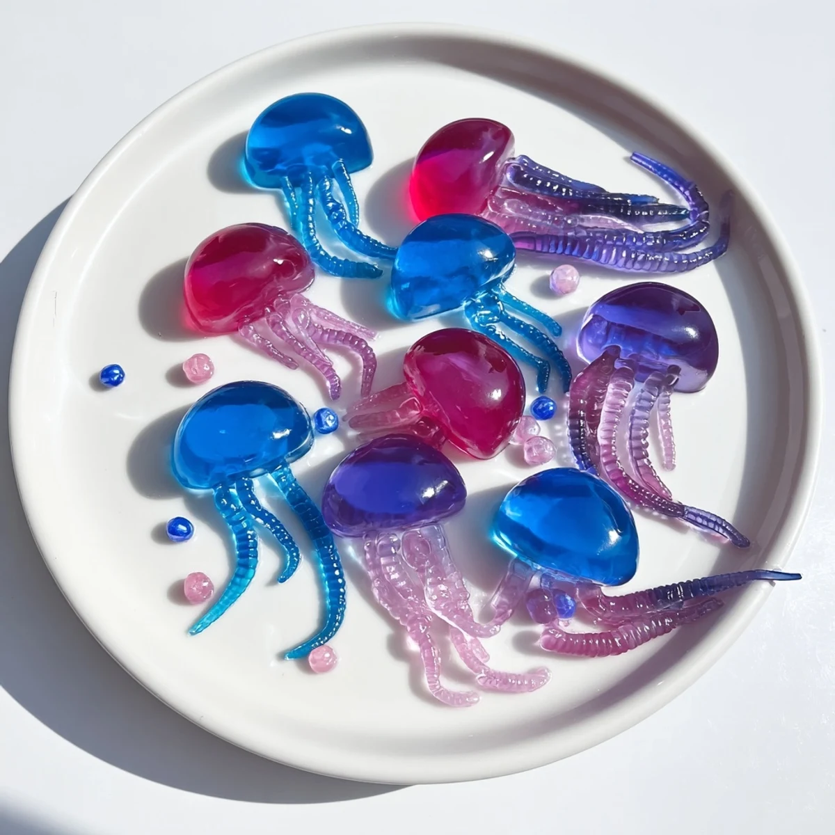 Bright, jiggly Jellyfish Candy Platter with gummy worms and candy pearls, perfect for dessert.