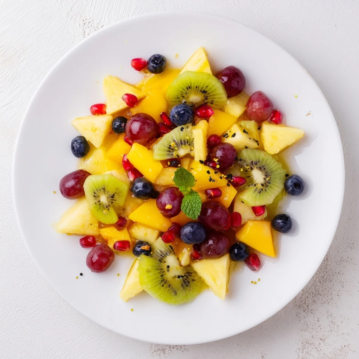 Vibrant Three Kings Royal Fruit Platter with juicy pineapple, grapes, and a sweet honey-lime drizzle.