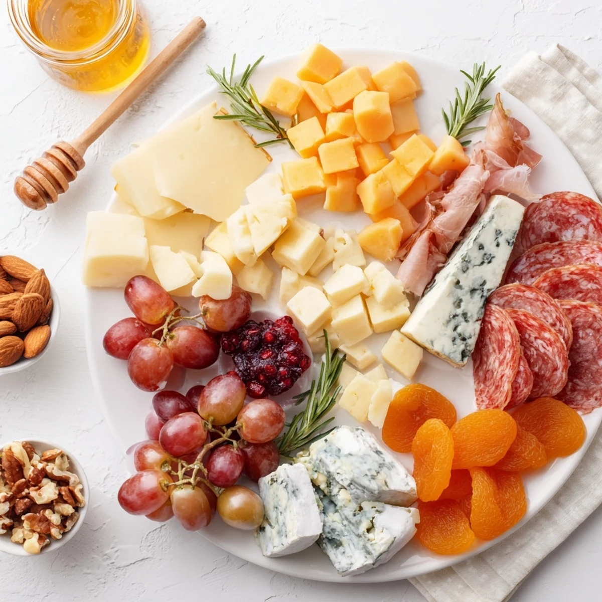 A Christmas 2025 Festive Grazing Board overflowing with cheeses, meats, and seasonal fruits looks delicious.