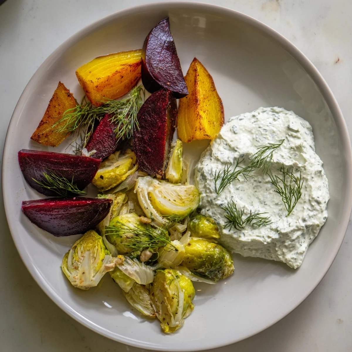 A beautifully arranged Pine Forest Winter Mezze Board, showcasing roasted vegetables, and flavorful dips.