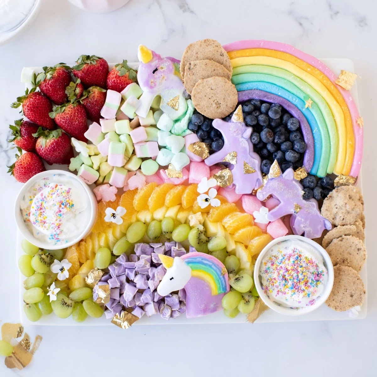 A close-up view of the Magical Unicorn Rainbow Dessert Board shows the bright arrangement of rainbow-colored candies and fruit.
