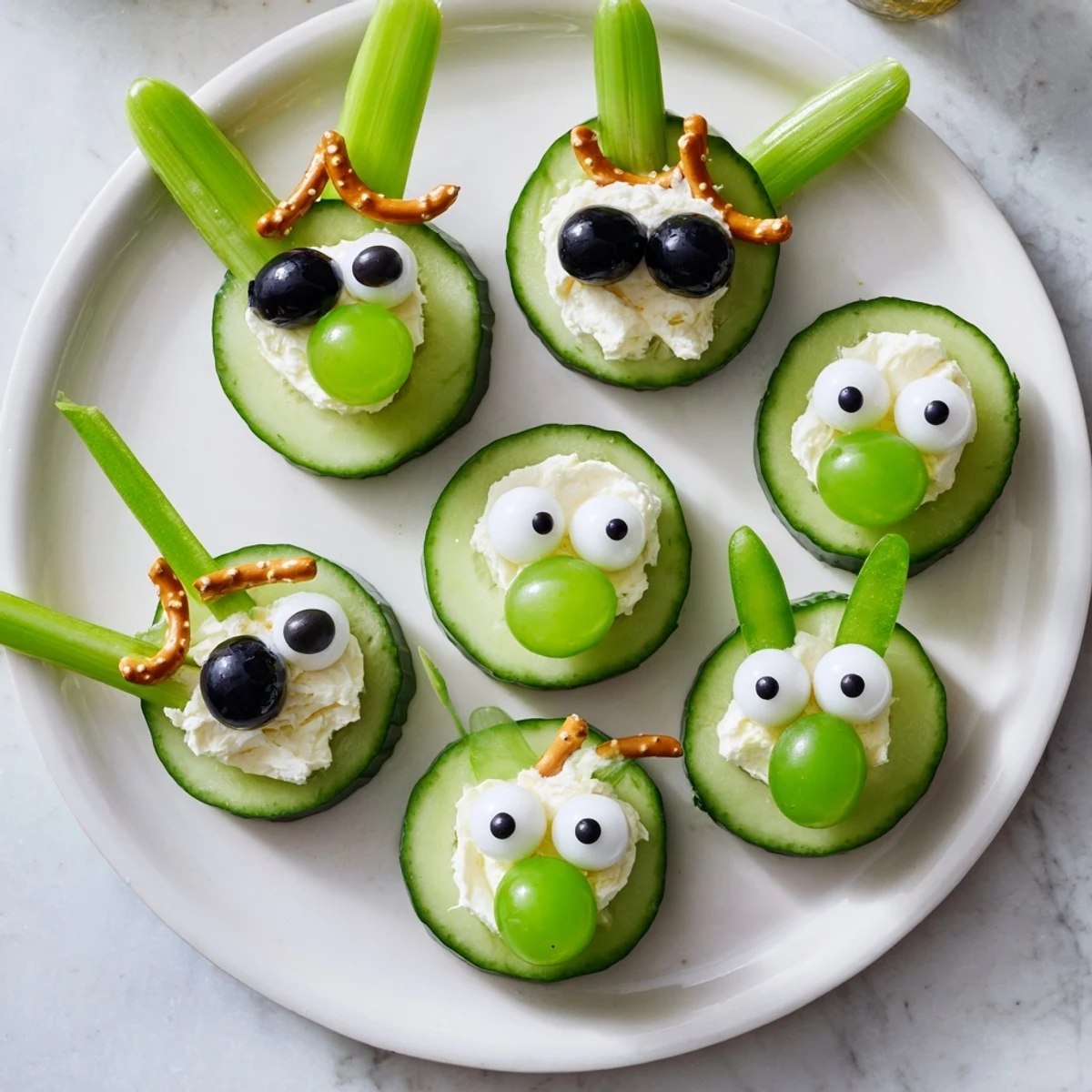 Little green men alien snack attack arranged on a platter, ready for a kid's party with fresh cucumber bases.