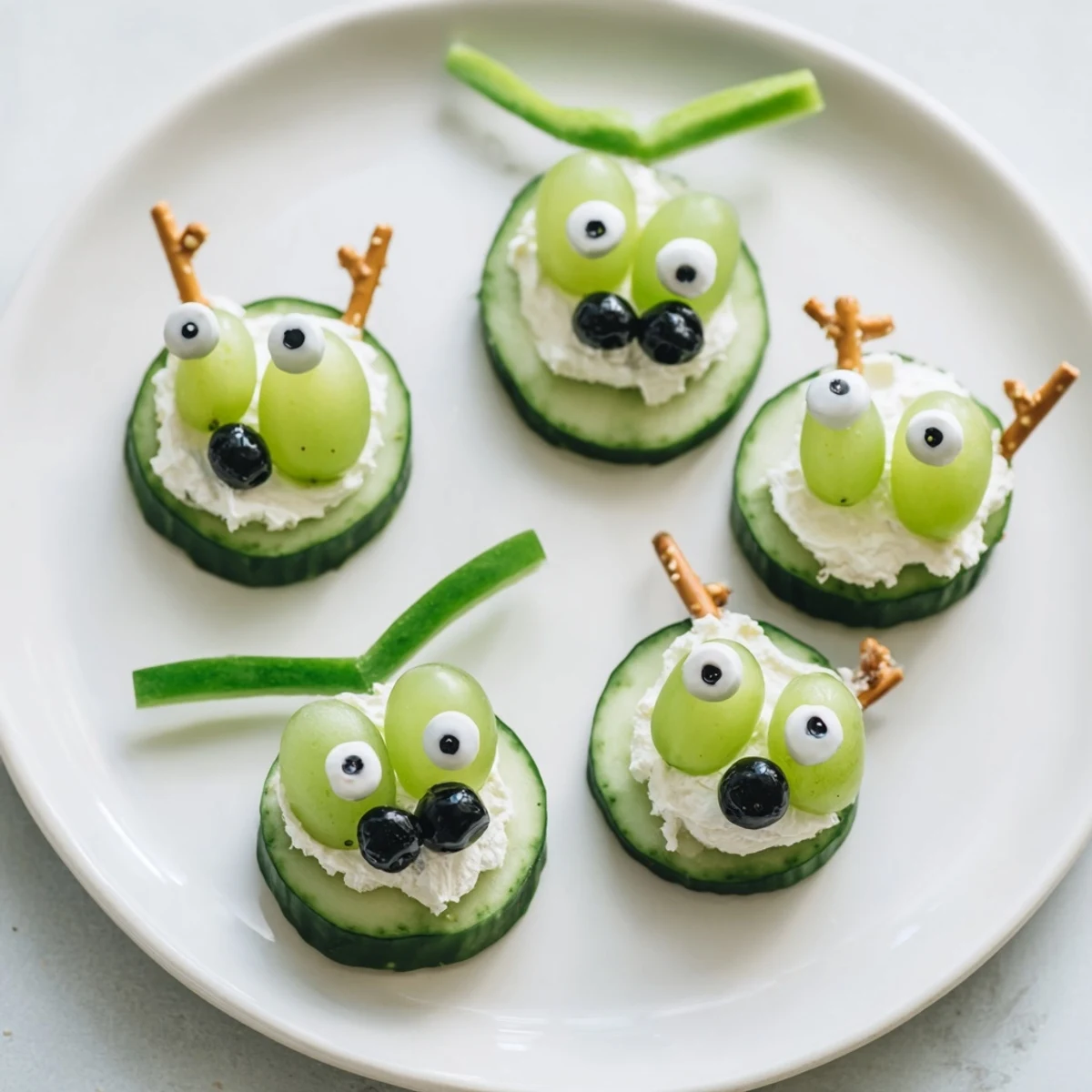 Vibrant Little Green Men Alien Snack Attack, delightfully showcasing assembled cucumber faces with pretzel features.