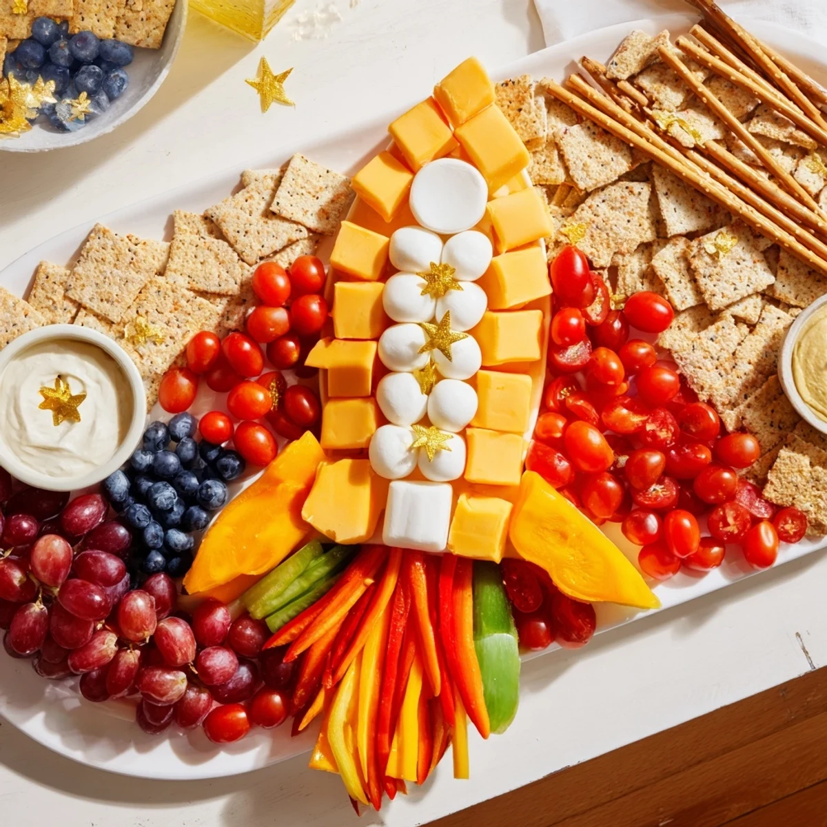 Blast Off Spaceship Snack Board with colorful fruit planets and cheesy rocket body.