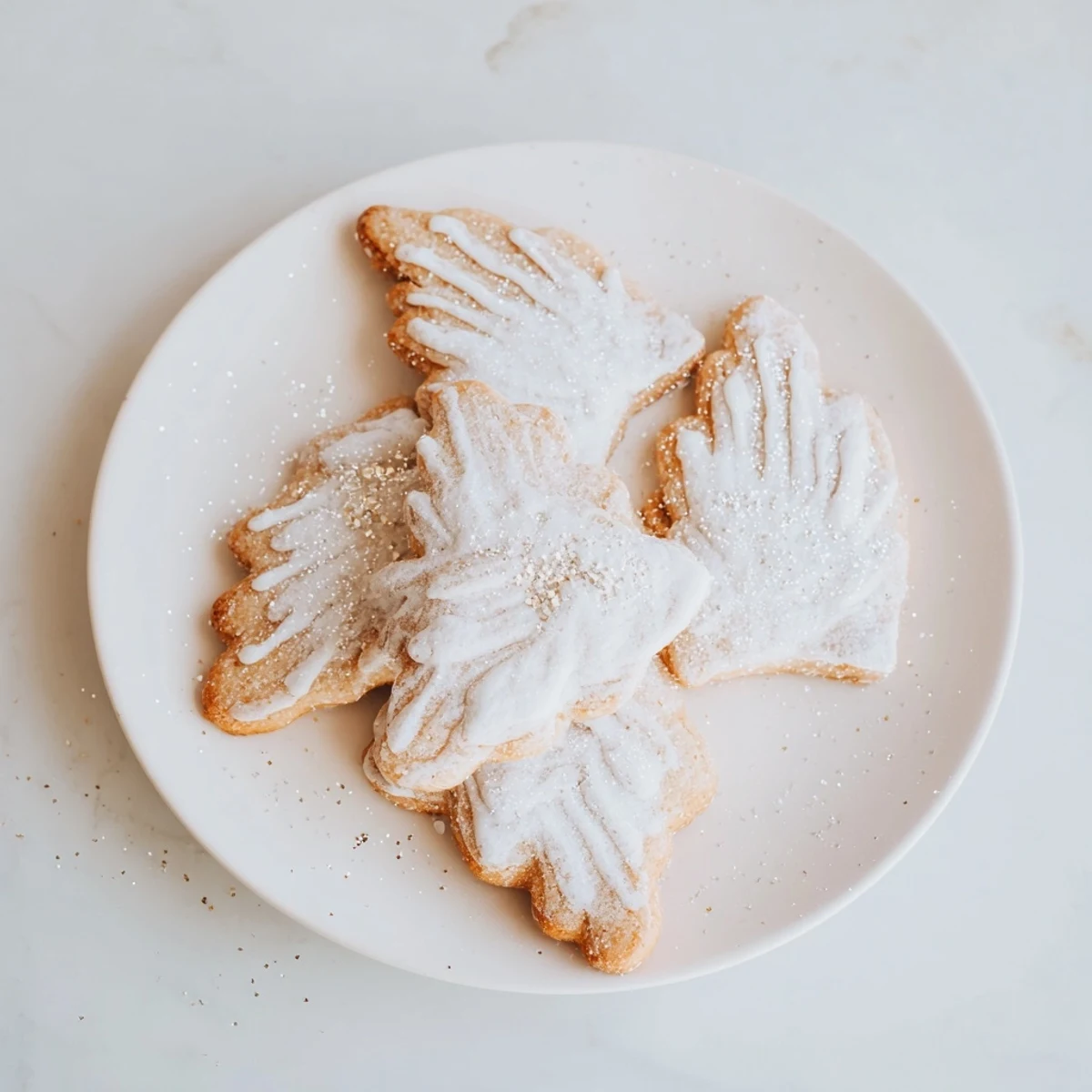 Delicate angel wings sugar cookies, iced and sparkling, ready to be enjoyed with a cup of tea.
