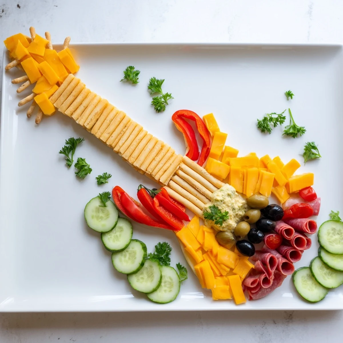 A colorful Rock Star Guitar Snack Platter, with cheese "strings" and vibrant vegetable decorations.