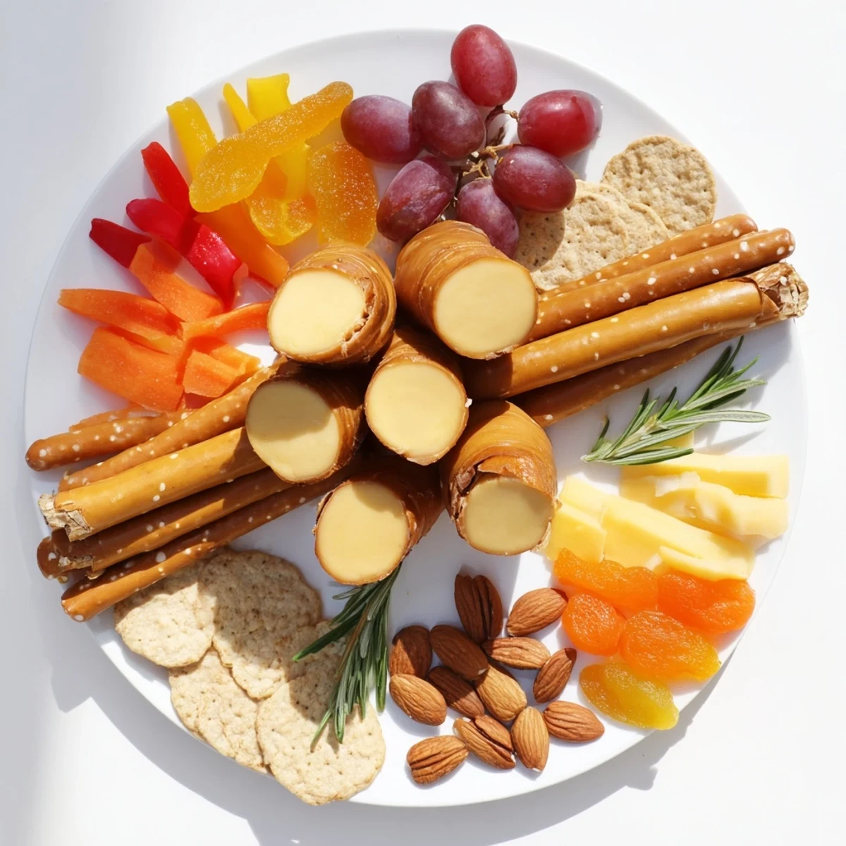 Delicious assortment of cheese, meats, fruits, and crackers create a stunning Flickering Fire Log Snack Board presentation.