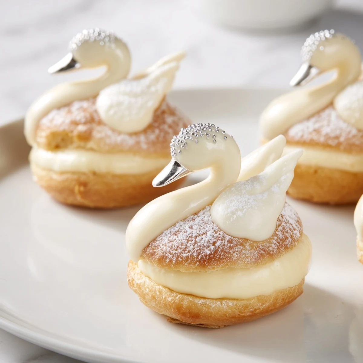 Elegant Swan Petit Fours displayed beautifully, each with delicate fondant and vanilla cream filling.