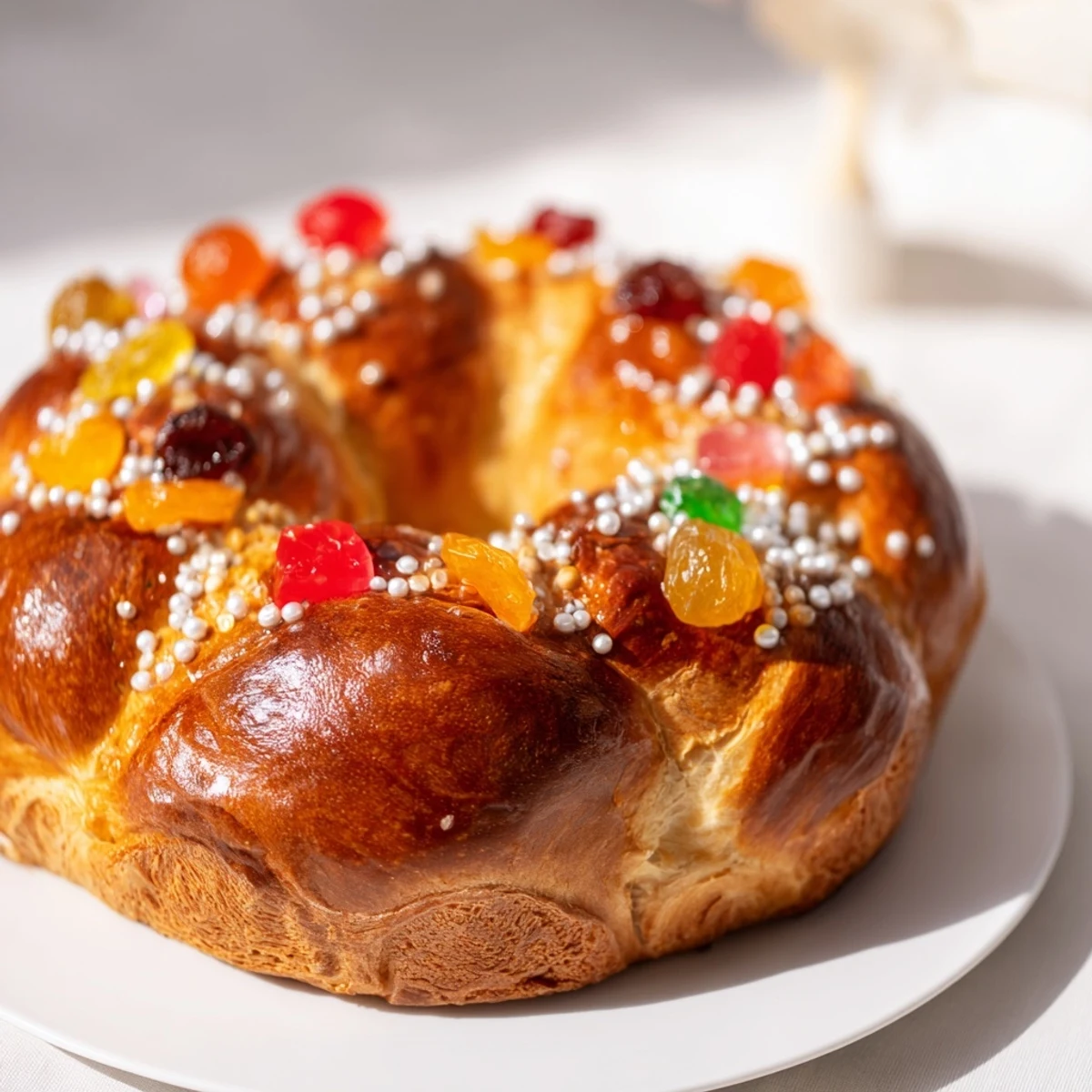 Golden baked Couronne de Roi Bijoux Sucrés, a crown-shaped bread bursting with colorful candied fruit and sugar.