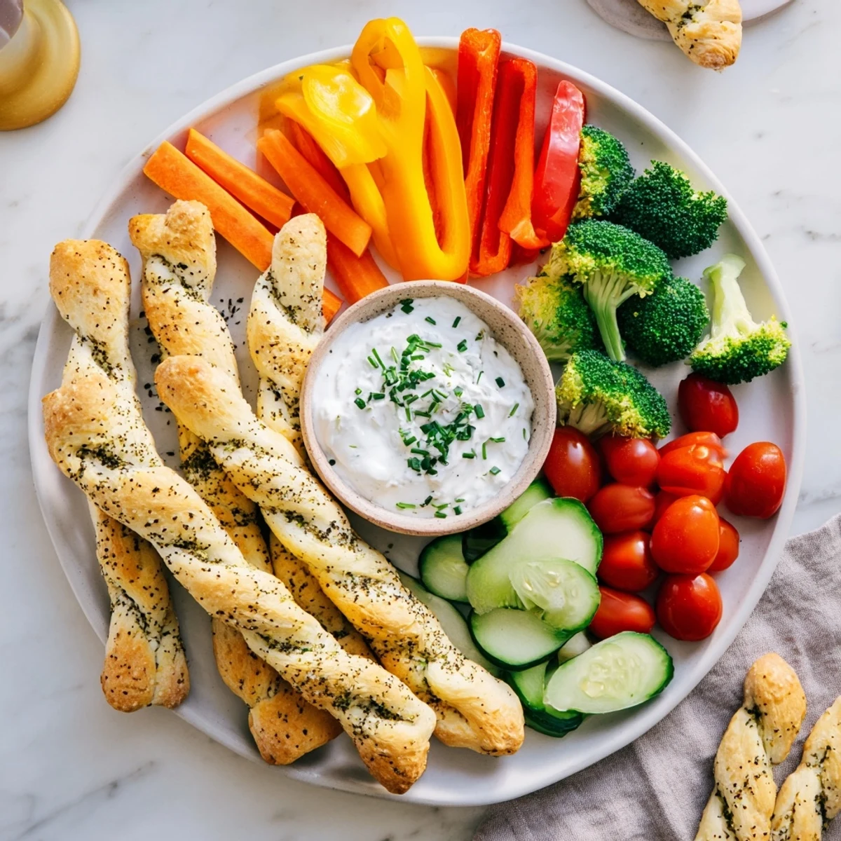 Dinosaur Bone Prehistoric Crudités: a colorful platter of fresh veggies and golden baked breadstick bones for snacking.