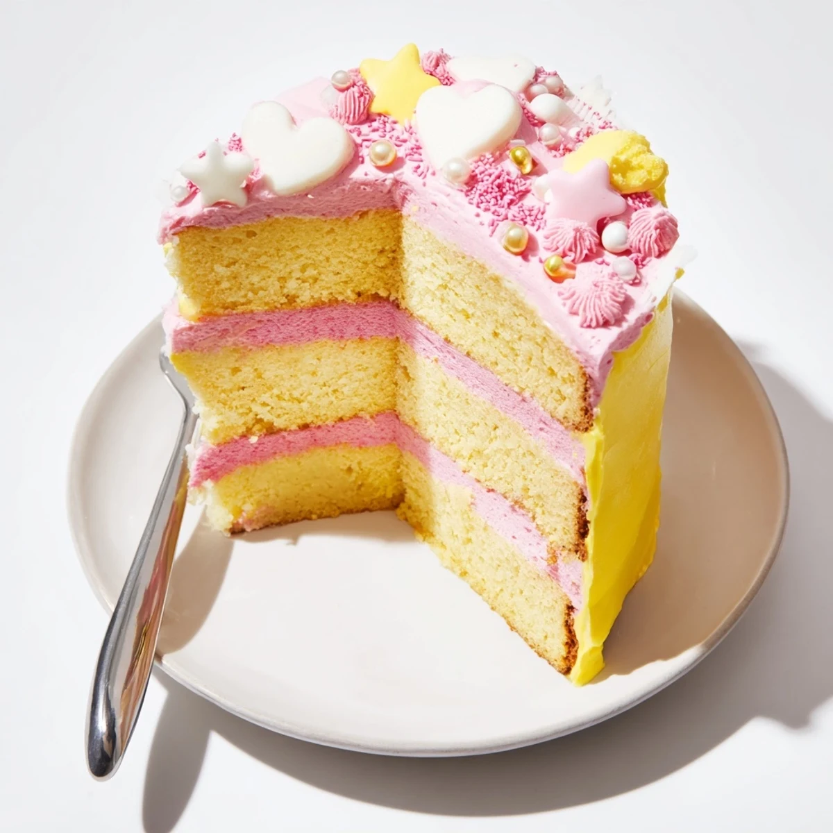 Golden-frosted Château de Princesse Cœurs et Étoiles cake, layered and decorated with heart and star sugar shapes.