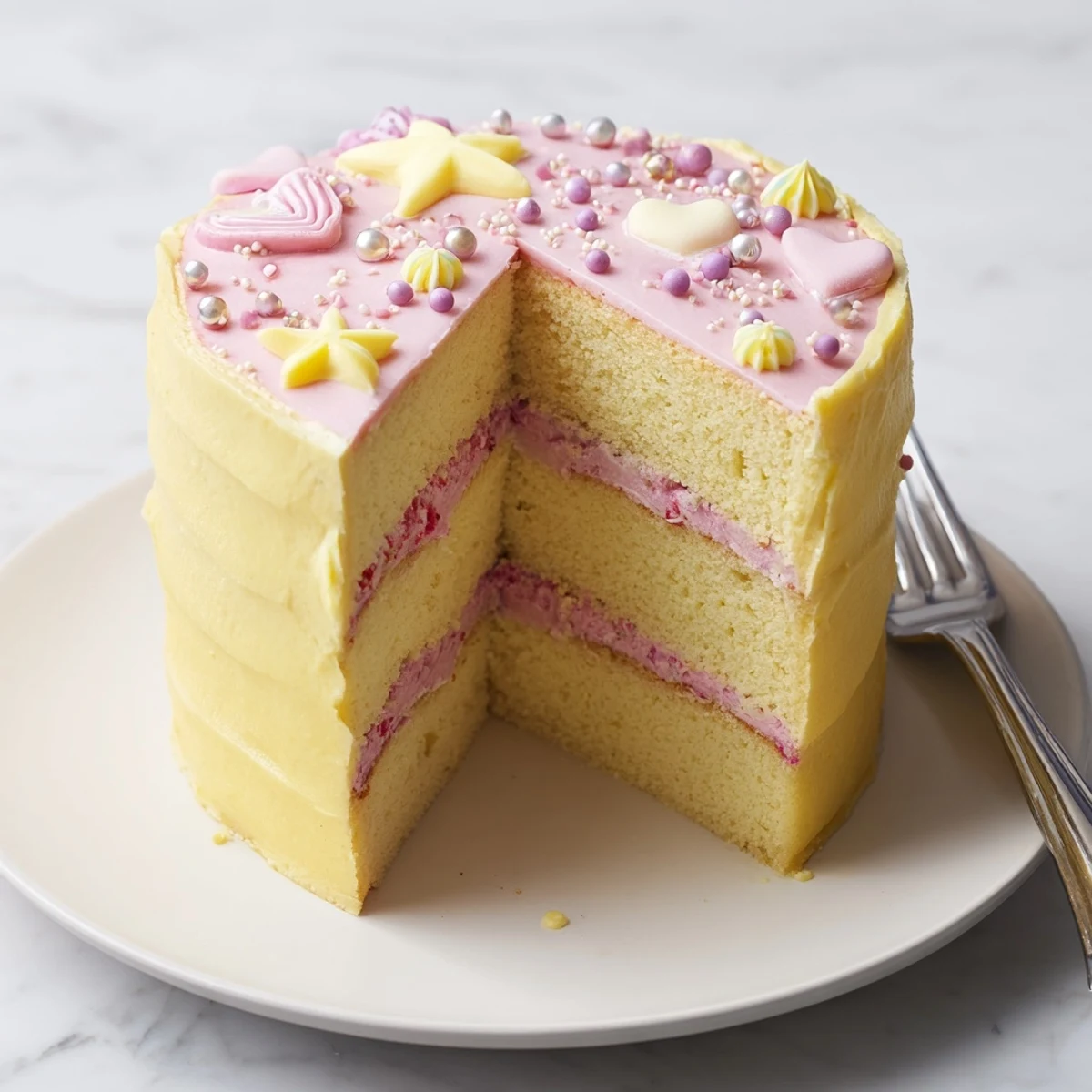 This French-inspired Château de Princesse Cœurs et Étoiles cake has pink frosting and playful star and heart sprinkles.