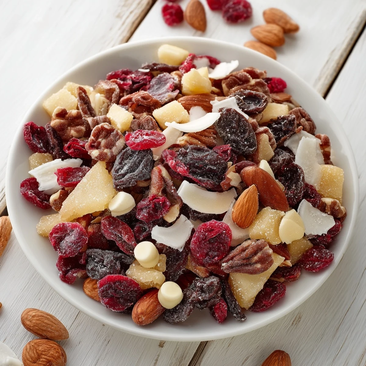 A vibrant Mélange Hivernal Flocon de Neige, showcasing dried fruits, nuts, and warming spices for snacking.