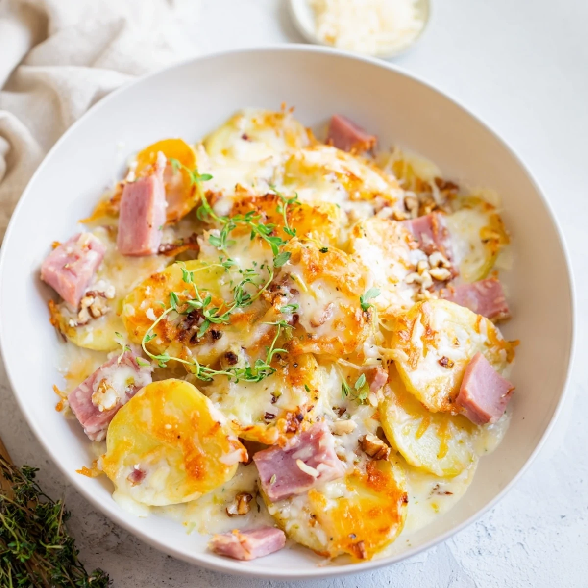 Image of a warmly-lit French Plateau Moufle Chaud et Confortable, filled with layers of tender potatoes and melted cheese.