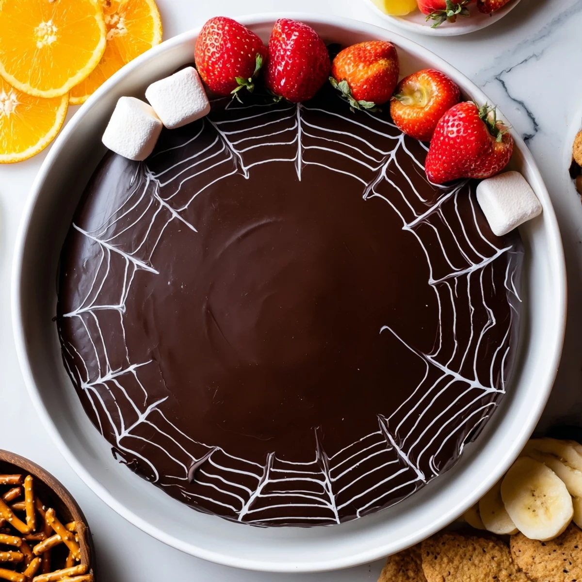 Close-up of a Spiderweb Chocolate Ganache Board, rich dark chocolate covered in a white web design.