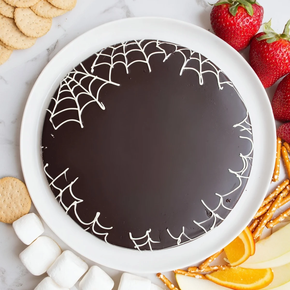 This eye-catching Spiderweb Chocolate Ganache Board presents an elegant arrangement, ready to be dipped and enjoyed.