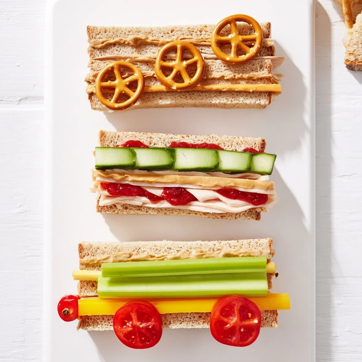 Train Track Sandwich Board: Colorful train-shaped sandwiches with pretzel tracks, ideal for an exciting, kid-friendly lunch.