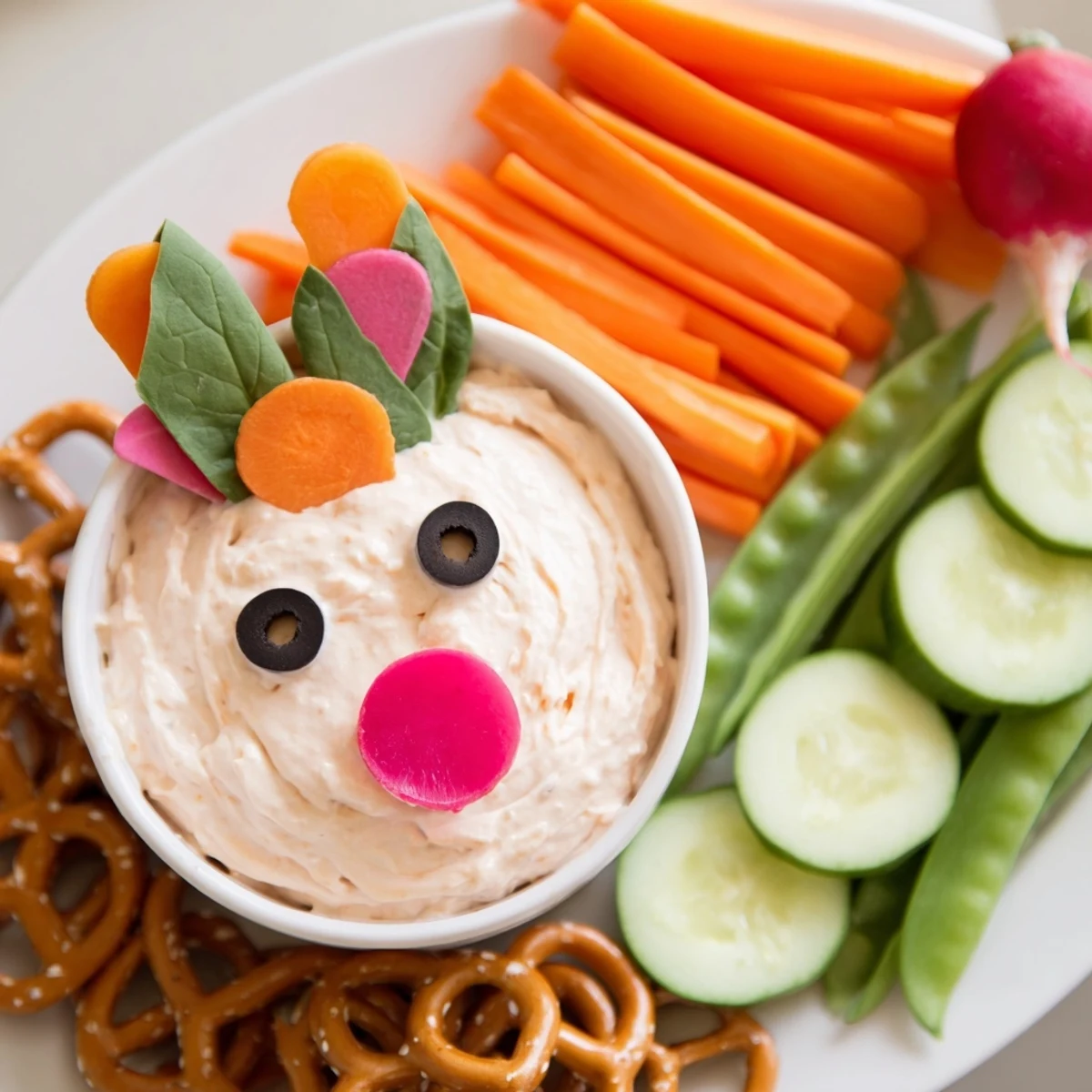 Piggy Face Dip in a vegetable bowl, surrounded by colorful dippers perfect for parties.