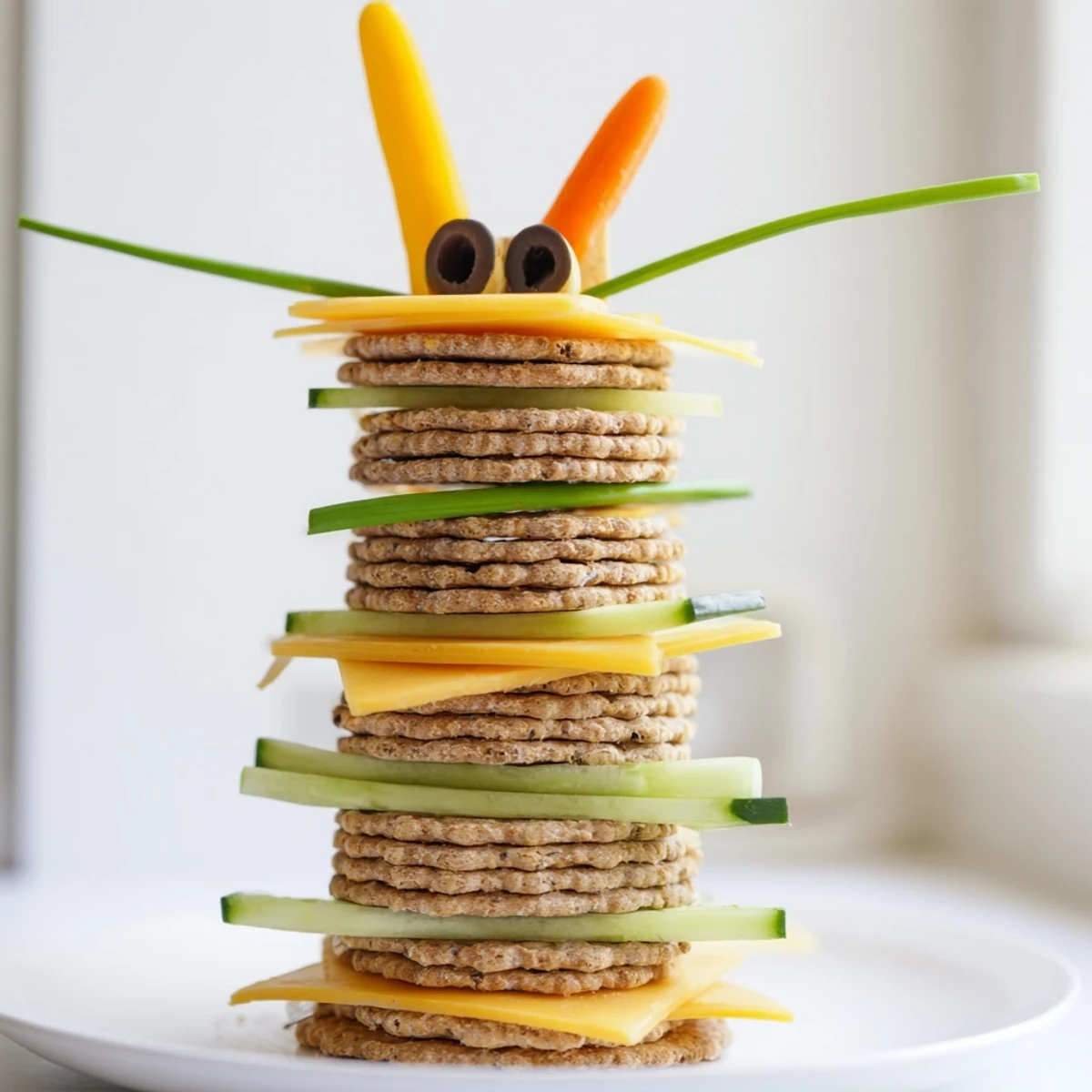 Playful Giraffe Tall Cracker Stack featuring cheddar and Swiss cheese layers with fresh vegetables, perfect snack.