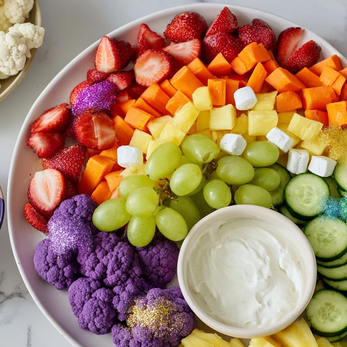 The playful arrangement of the Magical Unicorn Rainbow Snack Board, inviting guests to a colorful feast.