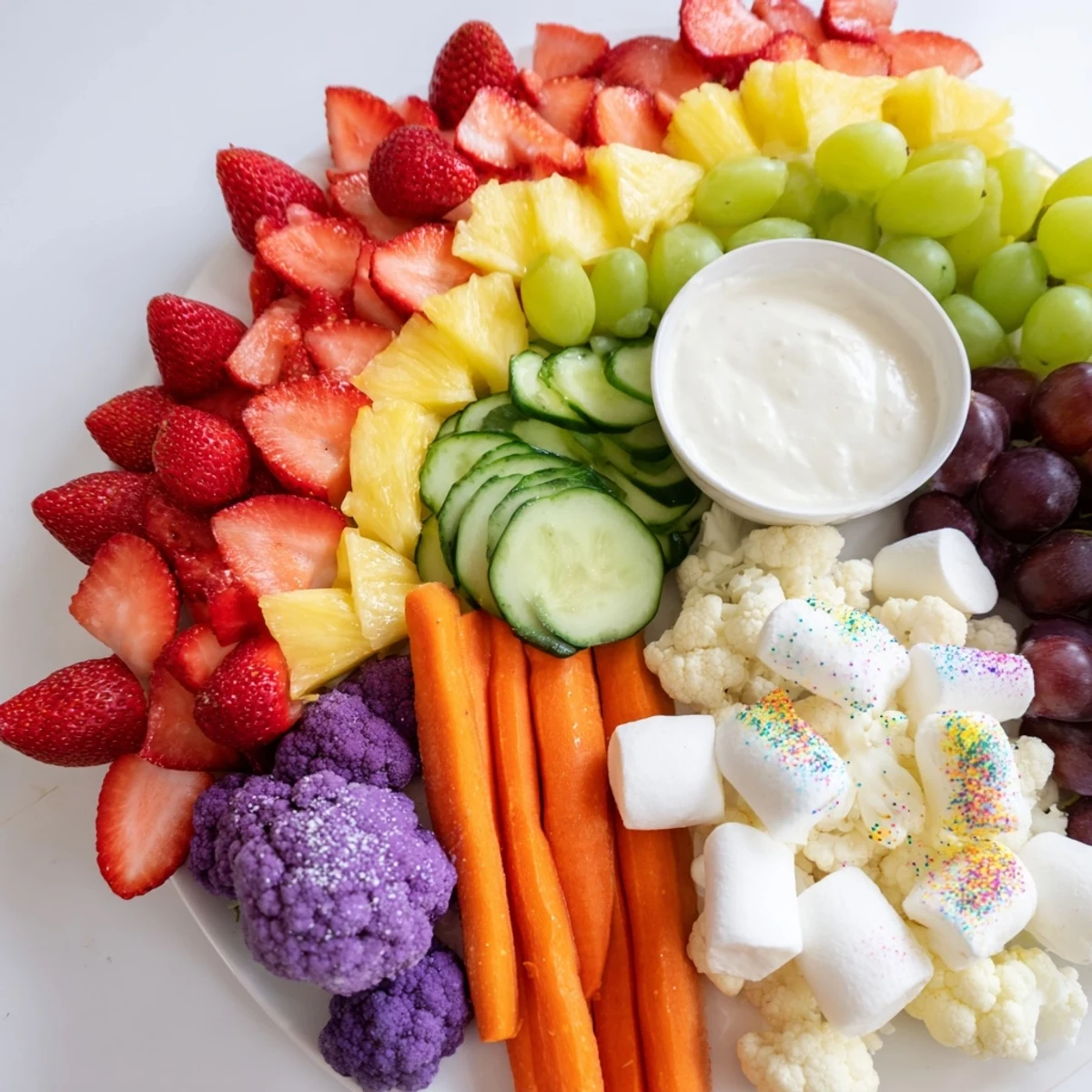 A beautiful spread of the Magical Unicorn Rainbow Snack Board, perfect for fun party snacks and treats.