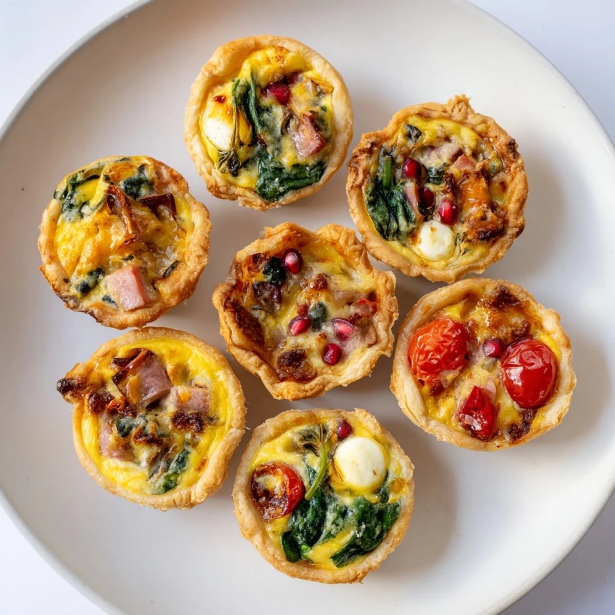 Mini Quiche Holiday Village Board: golden-brown quiches arranged as a festive village scene on a serving platter.