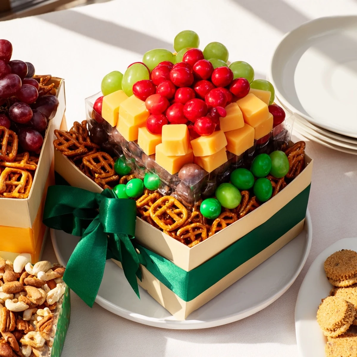 Festive Stacked Christmas Gift Snack Tower, a delicious assortment of sweet and savory snacks awaiting enjoyment.