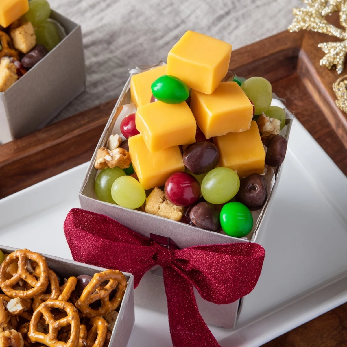 Stacked Christmas Gift Snack Tower: a colorful display of cheese, pretzels, and treats ready for sharing.