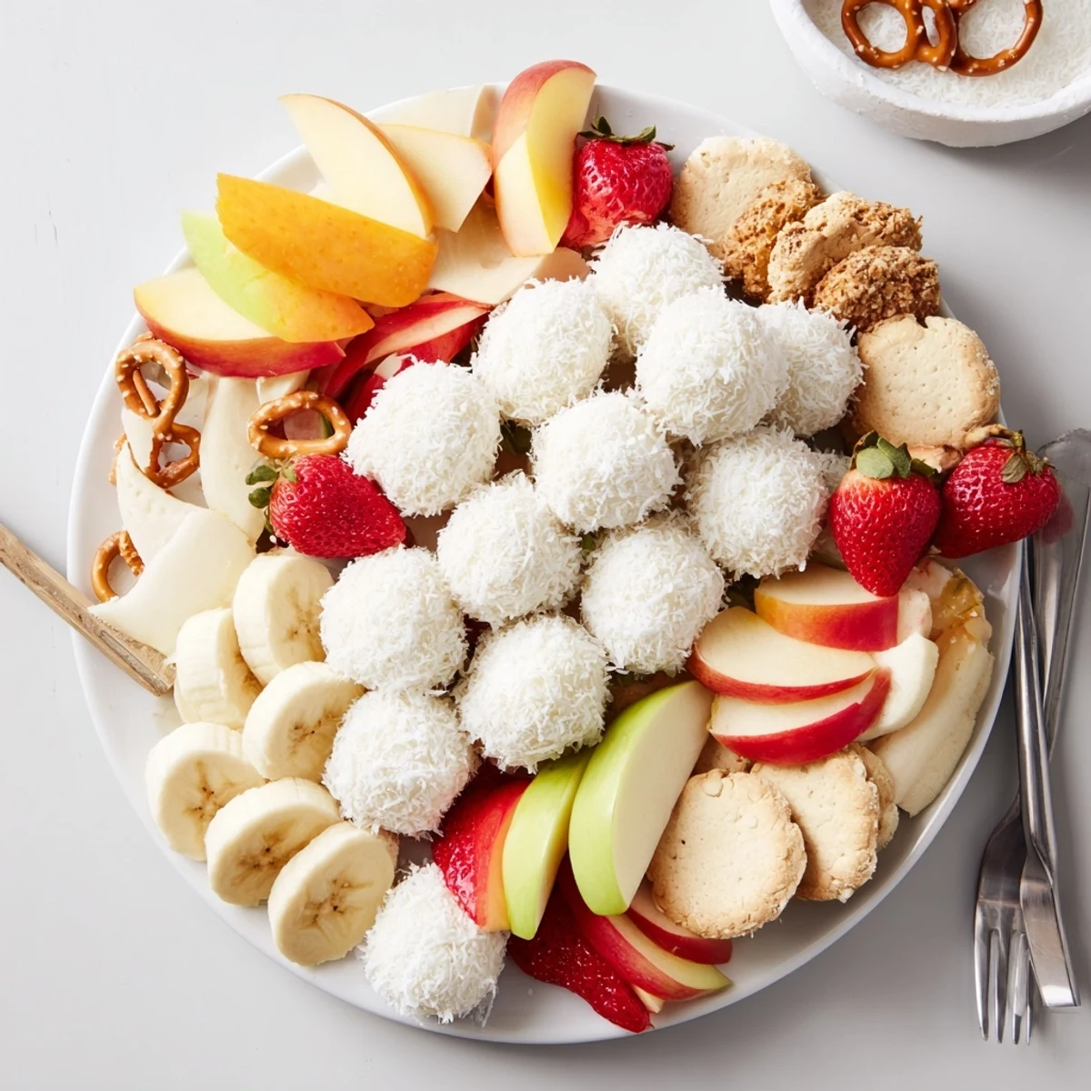 Creamy Marshmallow Snowball Dip Platter, a delightful dessert with coconut-covered snowballs and fresh fruit.