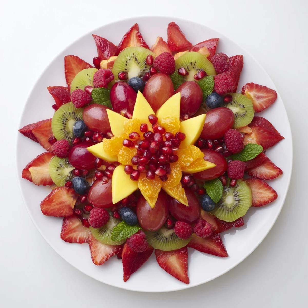 Vibrant Festive Poinsettia Fruit Bowl: strawberries, raspberries, and juicy pomegranate, arranged beautifully.