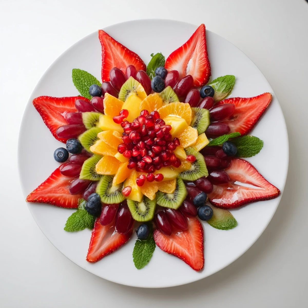 Beautifully arranged Festive Poinsettia Fruit Bowl showcasing fresh, colorful fruit with mint garnish.