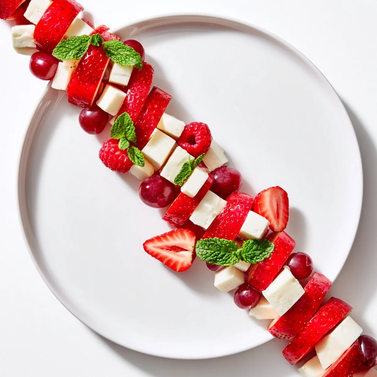 Candy Cane Stripe Fruit and Cheese appetizer: a cheerful arrangement of red fruit and white cheese.
