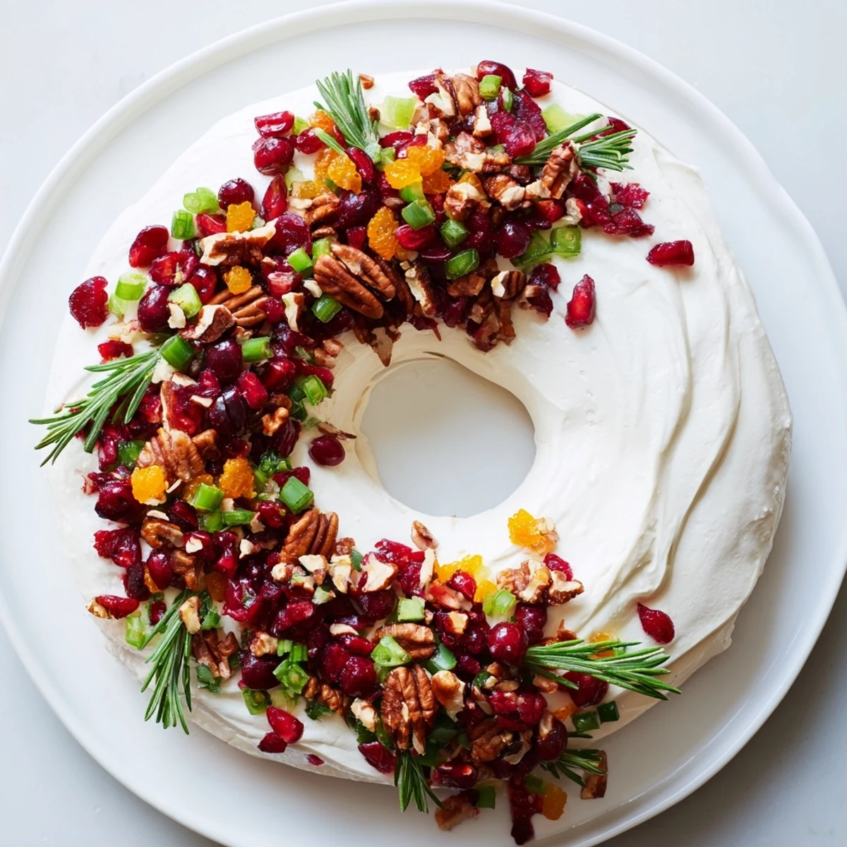 Vibrant Cranberry Feta Dip Wreath, studded with pecans, herbs, and ready to be scooped with crackers.
