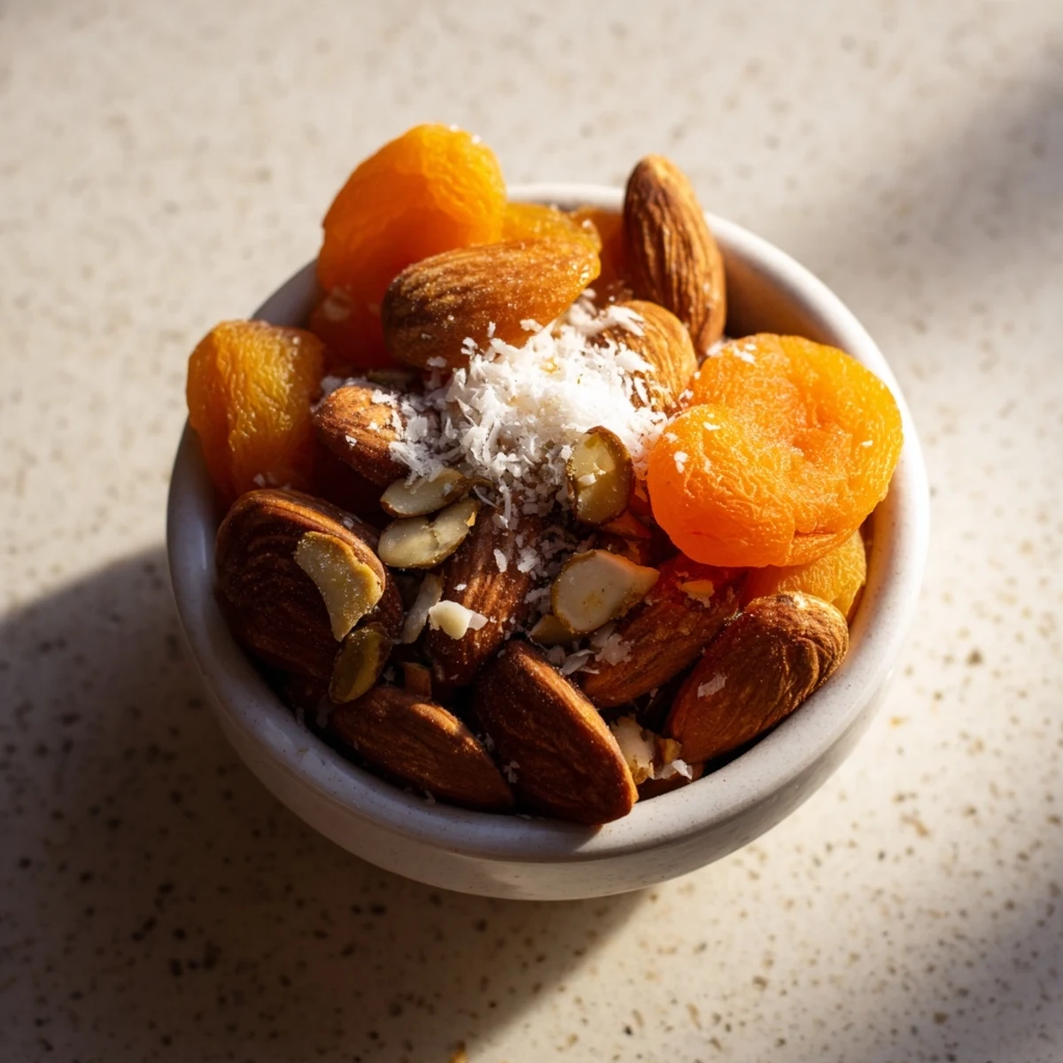 Pile of Almonds and Dried Apricots: A colorful snack with sweet apricots and crunchy almonds, ready to eat.