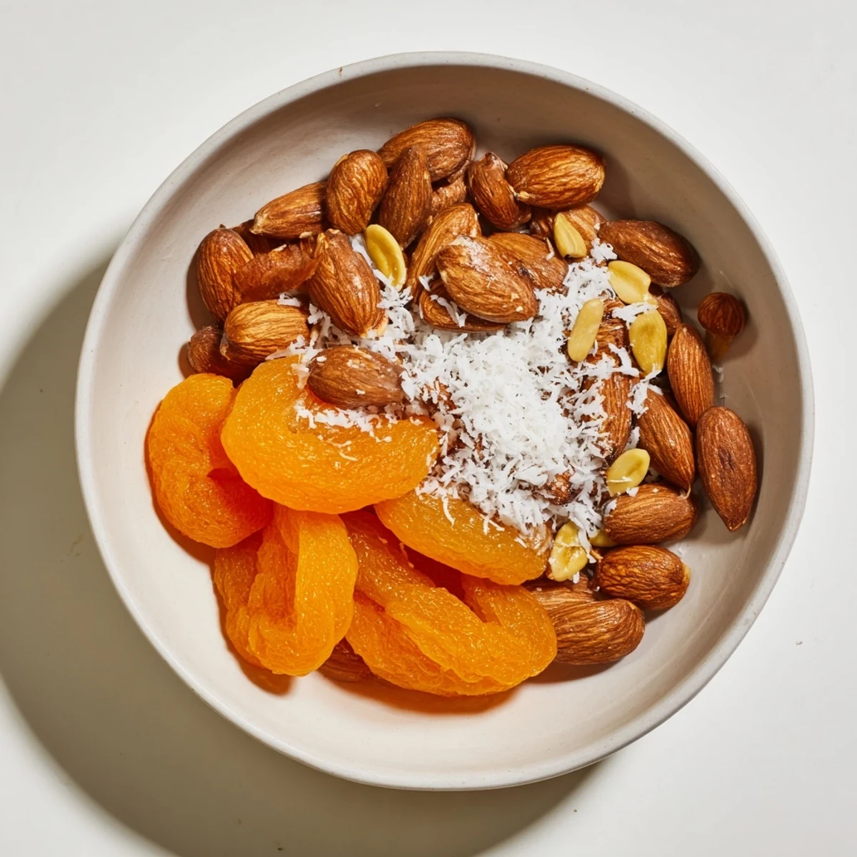 Simple Pile of Dried Apricots and Almonds: Imagine bright orange apricots with toasted, golden almonds on a plate.